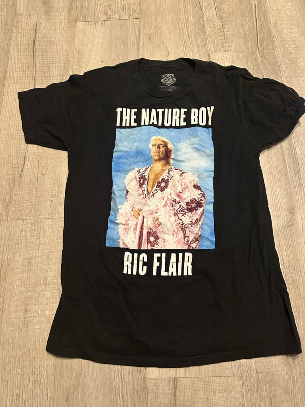 WWE Black Men's T-Shirt with Blue and Pink Graphic - Ric Flair 'The Nature Boy'
